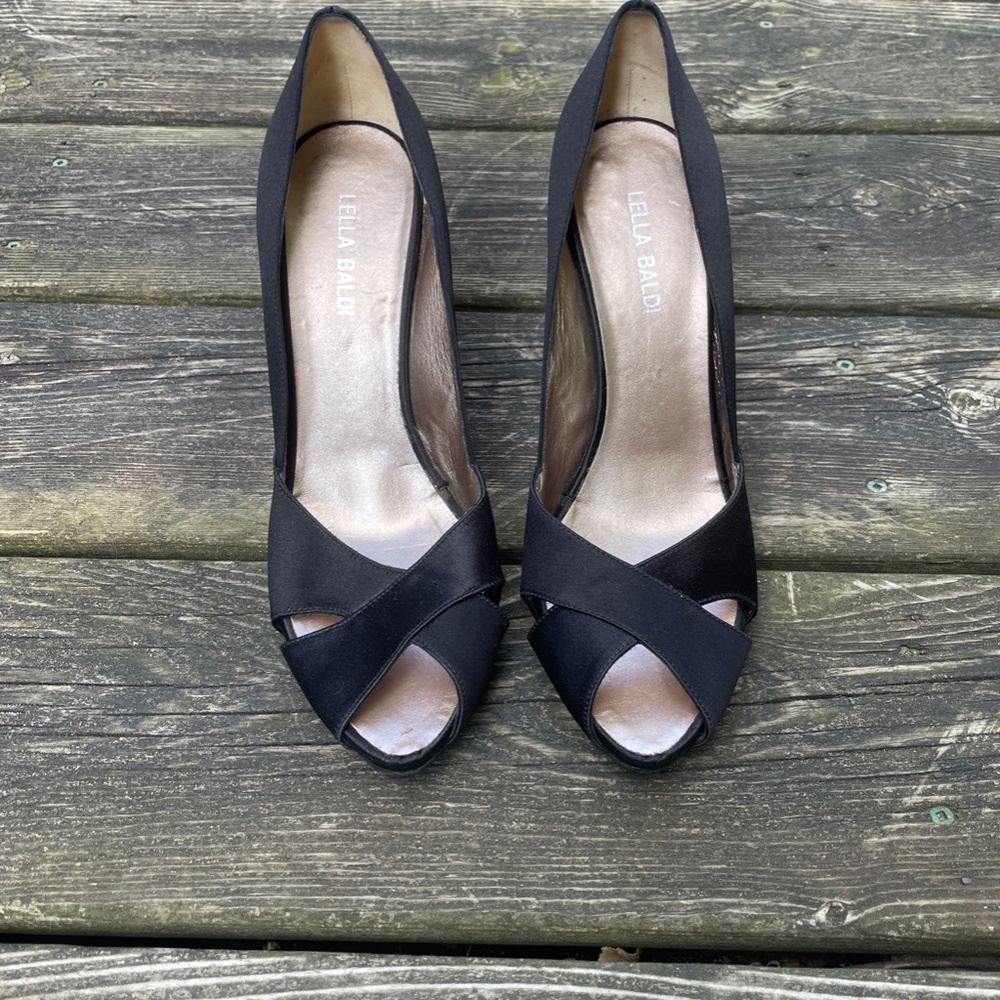 Italian Designer Peep Toe Black Satin High Heels